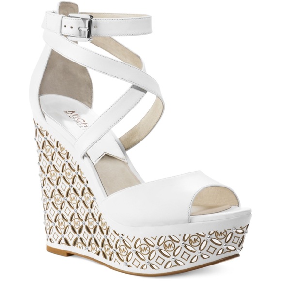 Michael Kors Shoes - MICHAEL Michael Kors Off-White and Gold Wedge Platform Logo Patterned Sandals